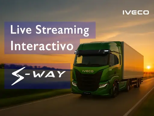 Camión verde Iveco S-Way en carretera al atardecer. Transmisión en vivo interactiva.