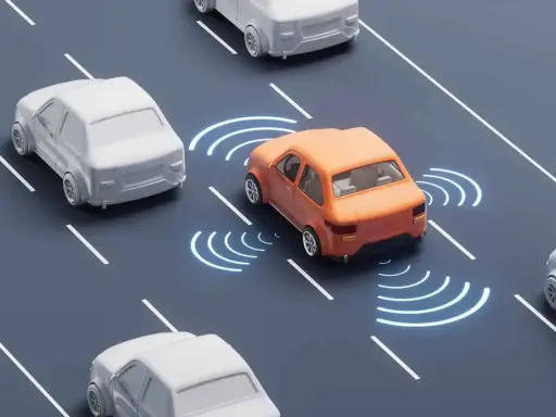 Un coche naranja emite ondas de señalización, indicando su sistema aeb adas. Otros coches blancos circulan a su alrededor en la carretera.