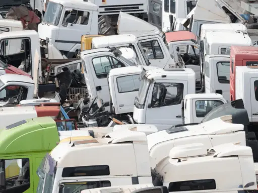 Desguace de camiones. Se aprecian cabinas blancas y verdes, algunas con partes oxidadas, listas para cumplir los requisitos de achatarramiento de camiones.