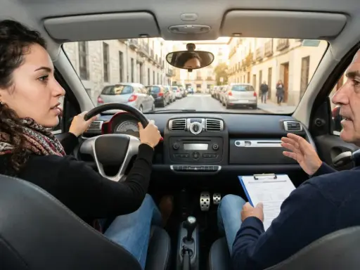 Instructor explica las practicas minimas para el carnet de conducir a una alumna al volante en una calle urbana.