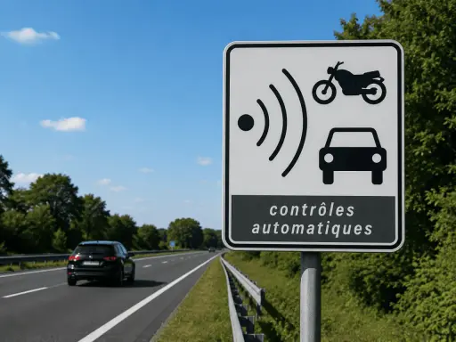 Señal de controles automáticos en Francia, advirtiendo sobre posibles multas por exceso de velocidad.