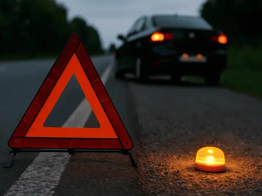 Triángulos de preseñalización y una baliza naranja iluminan la carretera oscura junto a un coche averiado.
