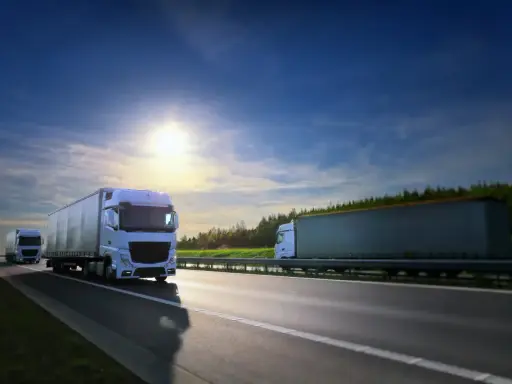 Camiones blancos circulan por la autopista bajo un cielo azul y soleado. El carnet TIR es esencial para estos transportes.
