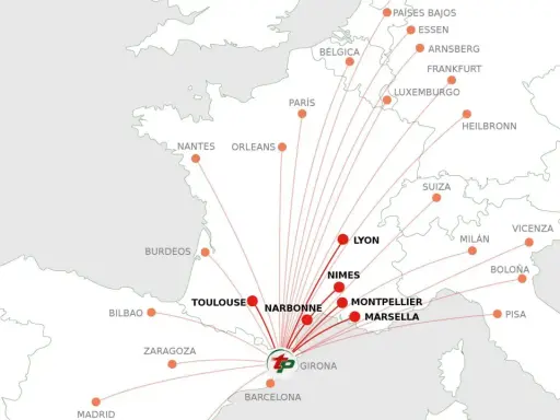 Mapa de rutas aéreas que conectan ciudades de España, Francia y otros países europeos, mostrando las fronteras de Francia.
