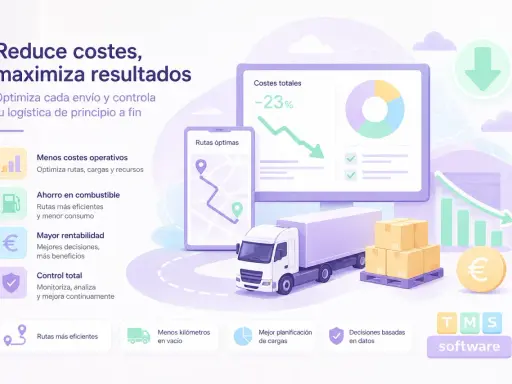 Optimización de **procesos logísticos**: camión, paquetes, gráficos de reducción de costes y rutas eficientes en pantalla.