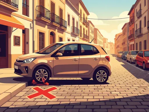 Coche mal aparcado sobre una X roja, indicando faltas eliminatorias al aparcar DGT. Calle adoquinada con edificios y otros coches.