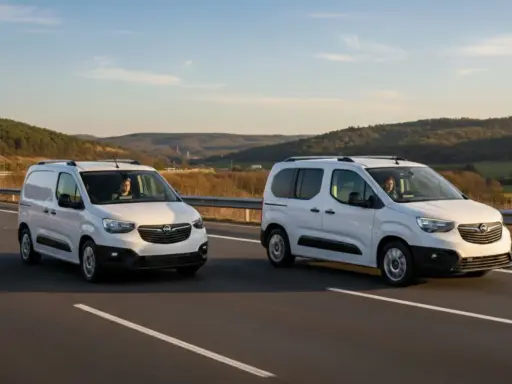 Dos furgonetas panel blancas circulan por una carretera con colinas boscosas al fondo.