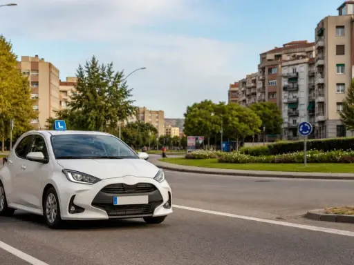 Coche blanco con señal "L" en el techo, listo para el traslado de expediente autoescuela. Edificios y árboles al fondo.
