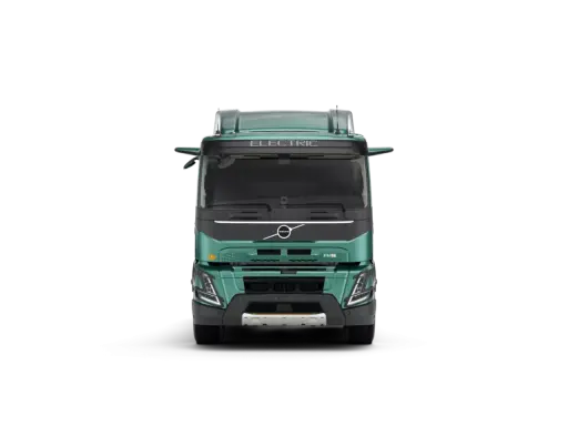 Camión Volvo FMX eléctrico, verde, visto de frente.