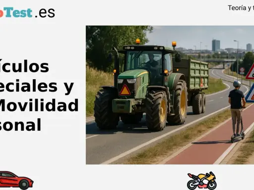 Un tractor, un vehículo especial, circula por carretera junto a un patinete eléctrico y señales de tráfico.
