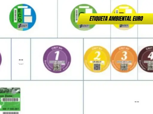 Pegatinas de distintivo ambiental para vehículos, incluyendo la etiqueta ECO y otras de nivel de emisiones Euro 6.
