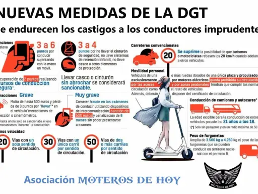 Infografía sobre nuevas medidas de la DGT. Se detalla que las motos sí pueden circular entre los coches, pero con restricciones de velocidad.