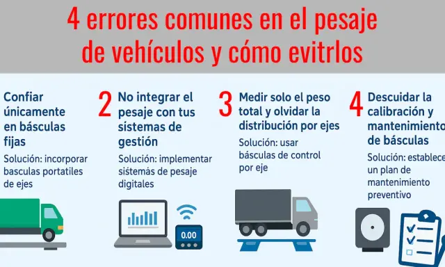 Infografía sobre 4 errores comunes en la tabla de pesos de camiones y sus soluciones. Incluye ilustraciones de camiones, básculas y sistemas de gestión.