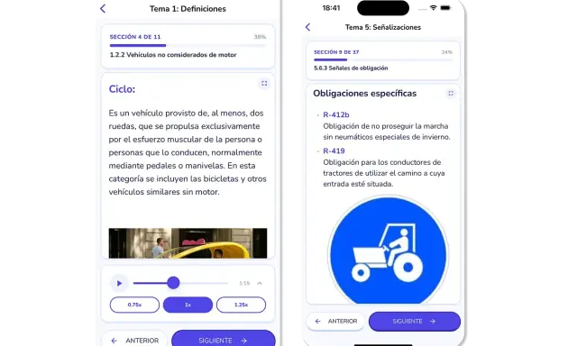 App de autoescuela a2 con lecciones sobre definiciones y señalizaciones.