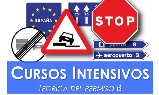 Cursos intensivo teórico coche. Señales de tráfico: STOP, prohibición, peligro, dirección puerto y aeropuerto.