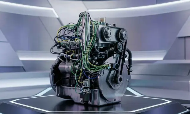 Un complejo motor de hidrogeno con cables de colores y engranajes, presentado en una plataforma futurista.