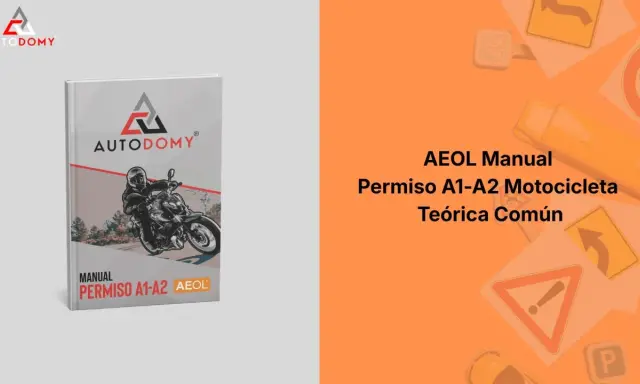 Manual para el permiso moto A2. Portada de libro "AEOL Manual Permiso A1-A2 Motocicleta Teórica Común" con imagen de motorista.