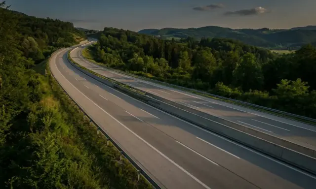 Autopista en Eslovenia, con colinas verdes y árboles. El sol se pone, proyectando sombras largas sobre la carretera. Los **peajes eslovenia** son parte de este paisaje.