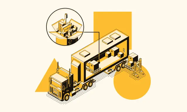 Camión con carga y detalle de empaquetado, ilustrando aplicaciones de transporte y logística.