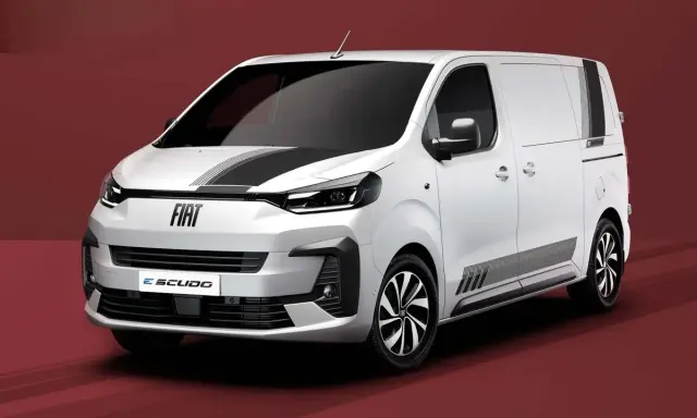 Furgoneta blanca Fiat Scudo con franjas negras. Conoce las fiat scudo medidas para tu negocio.
