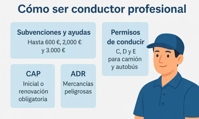 Información sobre cómo ser conductor profesional: subvenciones, permisos C, D, E para camión, CAP y ADR. ¡Infórmate sobre los cursos SEPE carnet de camión!