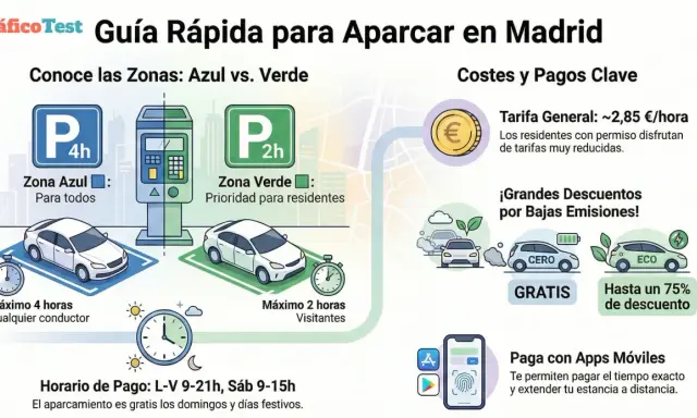 Guía de aparcamiento en Madrid: Zona Azul (máx. 4h, todos) vs. Zona Verde (prioridad residentes, máx. 2h). Costes, descuentos ECO y pago por app.