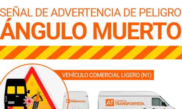 Señal de peligro ángulo muerto. Un camión negro y una motocicleta chocan en una señal de advertencia. Vehículo comercial ligero (N1).