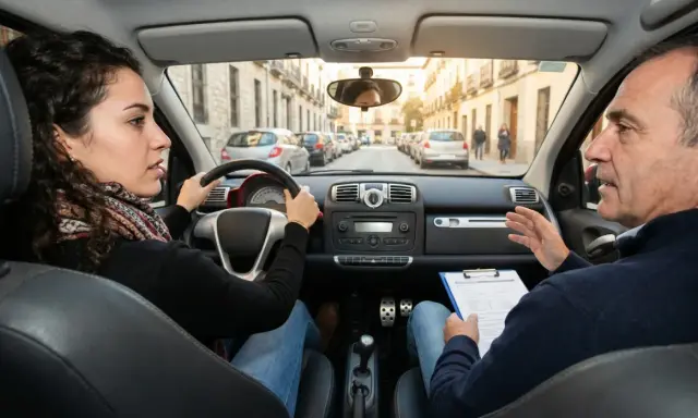 Instructor explica las practicas minimas para el carnet de conducir a una alumna al volante en una calle urbana.