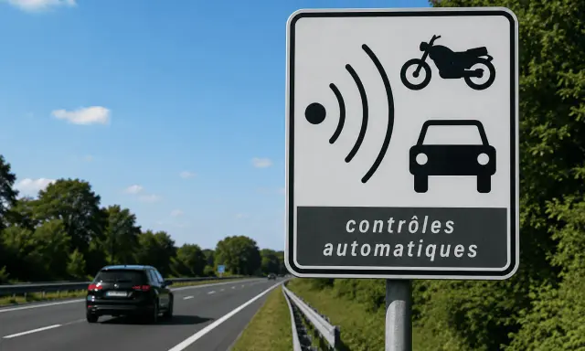 Señal de controles automáticos en Francia, advirtiendo sobre posibles multas por exceso de velocidad.
