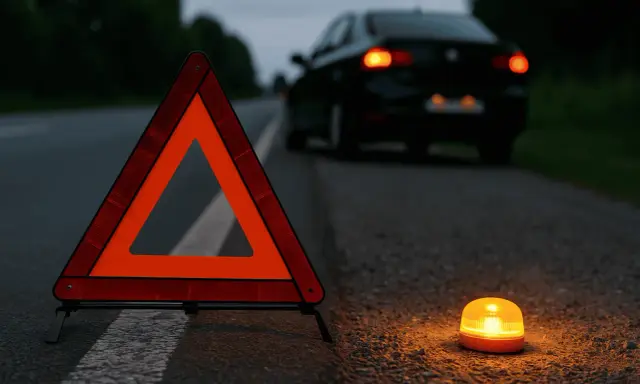 Triángulos de preseñalización y una baliza naranja iluminan la carretera oscura junto a un coche averiado.