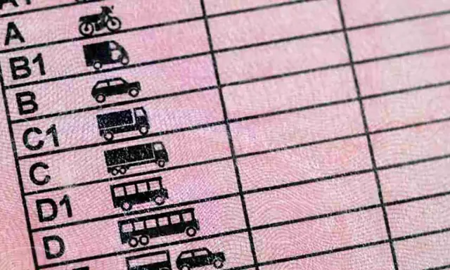 Detalle de un permiso de conducir con iconos de vehículos, incluyendo motocicletas, coches y camiones. Muestra las diferentes categorías de permisos de moto y otros vehículos.