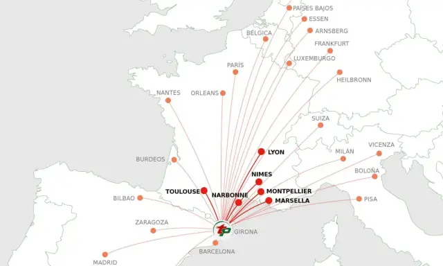 Mapa de rutas aéreas que conectan ciudades de España, Francia y otros países europeos, mostrando las fronteras de Francia.