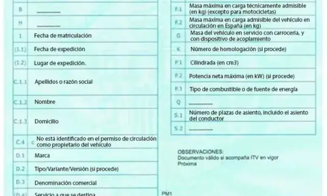 Detalles de un permiso de circulación B: matrícula, fecha, propietario, marca, cilindrada, potencia y plazas.