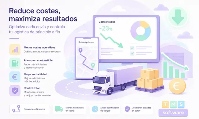 Optimización de **procesos logísticos**: camión, paquetes, gráficos de reducción de costes y rutas eficientes en pantalla.