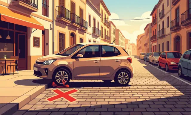 Coche mal aparcado sobre una X roja, indicando faltas eliminatorias al aparcar DGT. Calle adoquinada con edificios y otros coches.