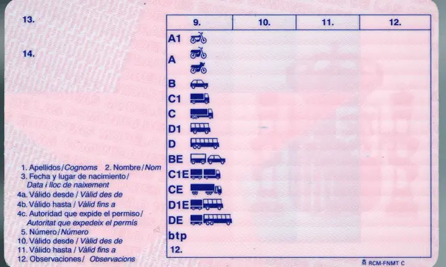 Carnet de moto 15 años, con categorías A1, A y B. Muestra iconos de vehículos y campos para datos personales y validez.
