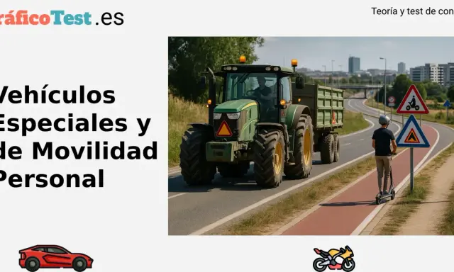 Un tractor, un vehículo especial, circula por carretera junto a un patinete eléctrico y señales de tráfico.