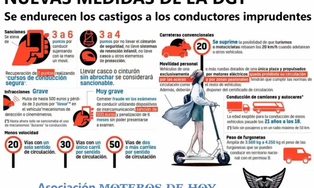 Infografía sobre nuevas medidas de la DGT. Se detalla que las motos sí pueden circular entre los coches, pero con restricciones de velocidad.