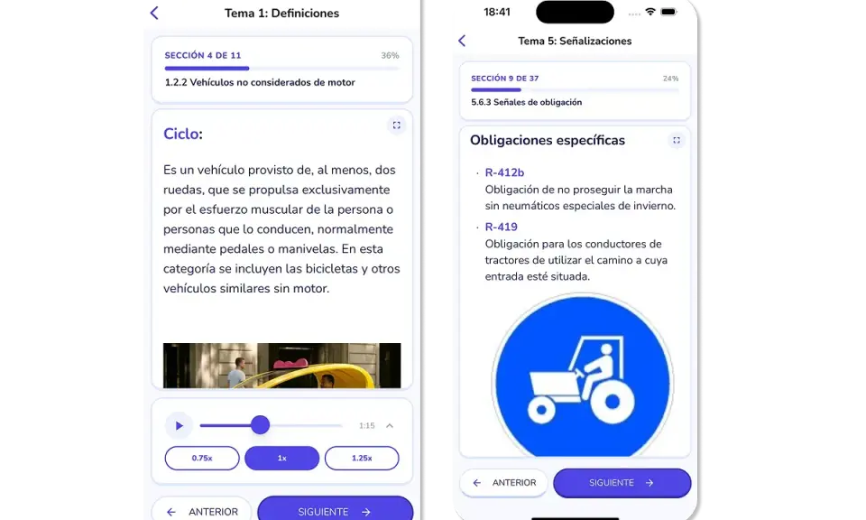 App de autoescuela a2 con lecciones sobre definiciones y señalizaciones.