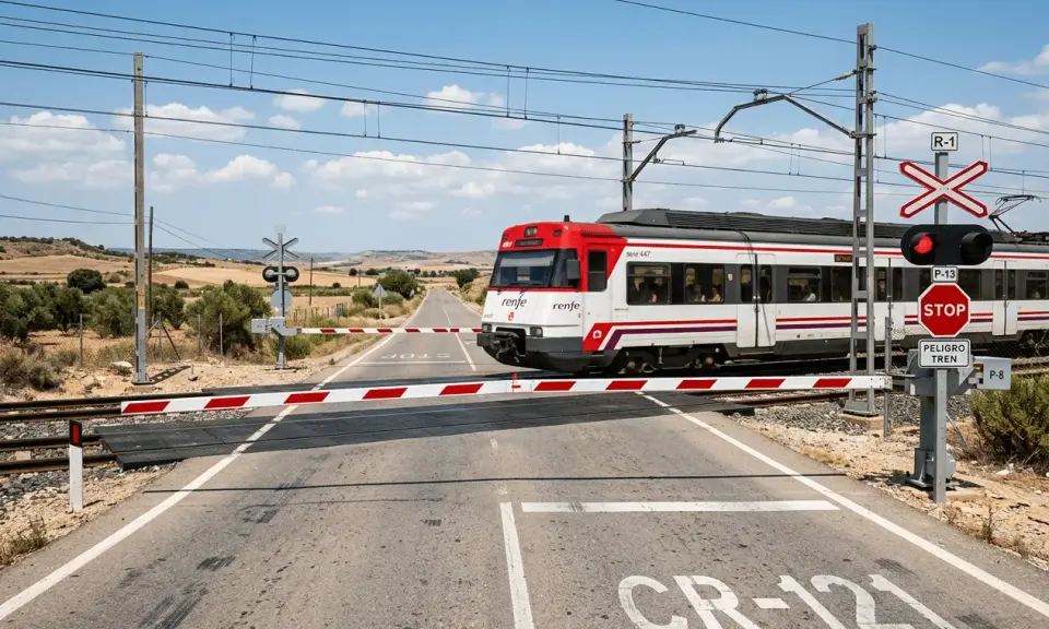 Un tren de carretera de Renfe cruza un paso a nivel con barreras rojas y blancas bajadas. El semáforo está en rojo.