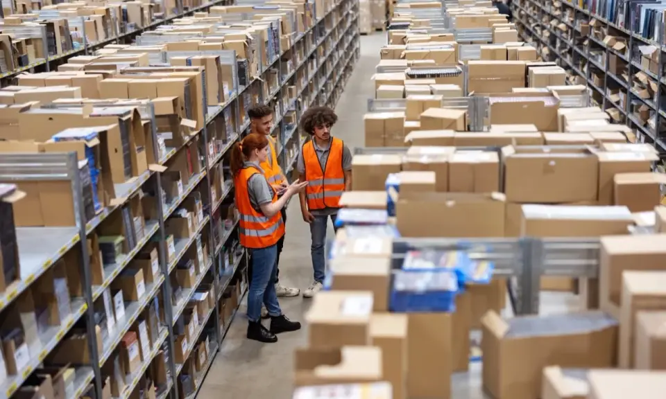 Tres trabajadores revisan inventario en un almacén, optimizando la logística de aprovisionamiento. Estanterías llenas de cajas y productos se extienden hasta el fondo.