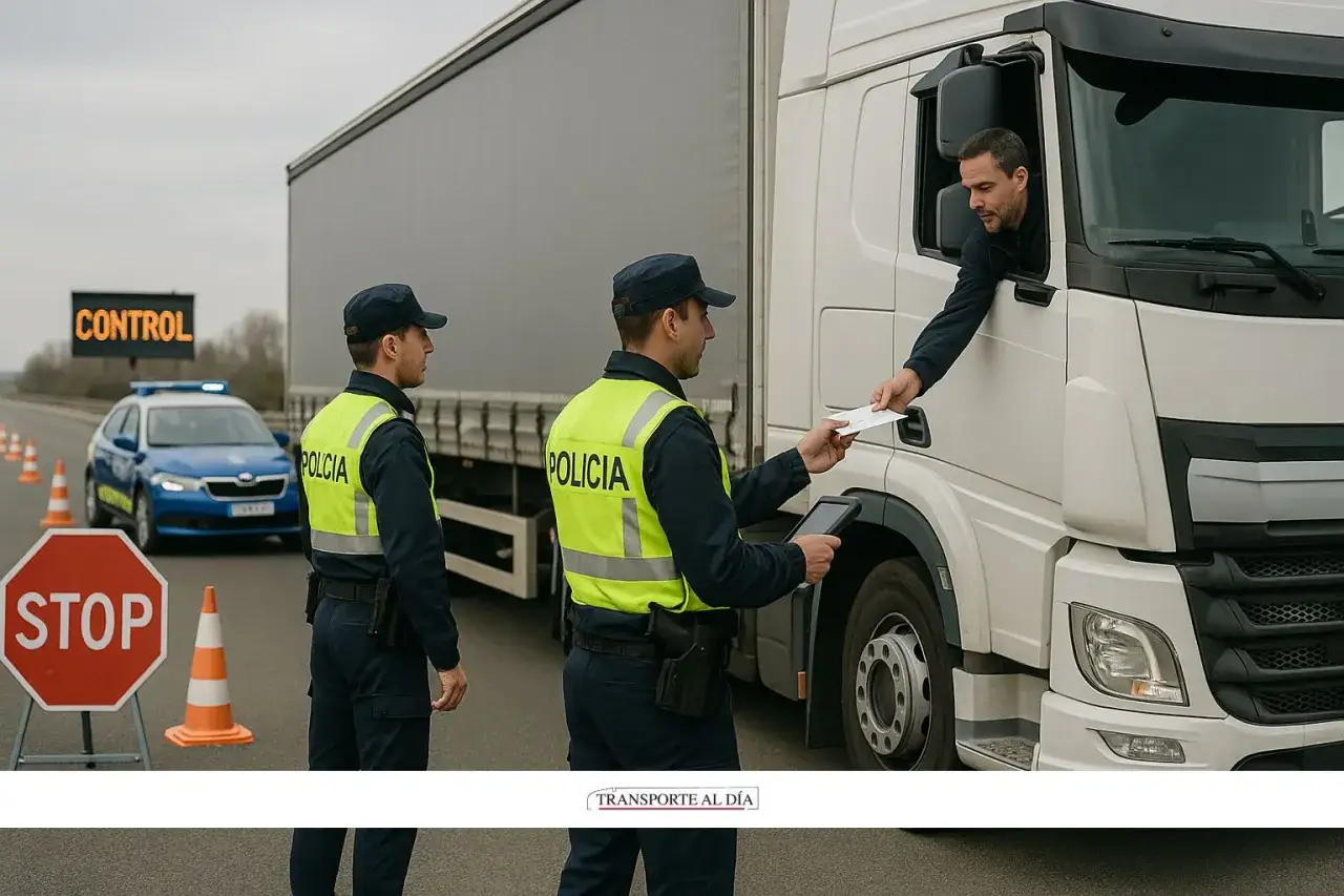 Polic&iacute;as detienen un cami&oacute;n en un control. El conductor entrega documentos, demostrando que se puede conducir un cami&oacute;n sin tarjeta de transporte si se cumplen otros requisitos.
