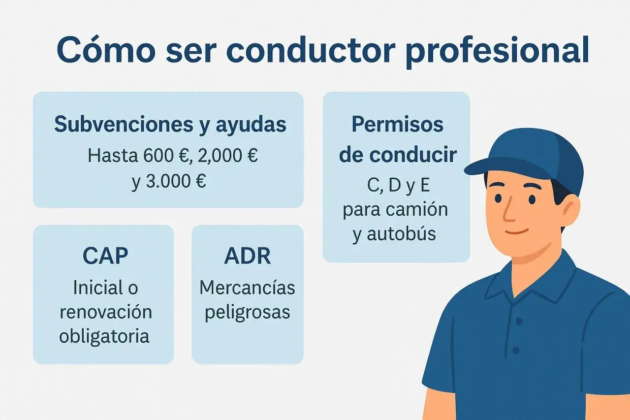 Información sobre cómo ser conductor profesional: subvenciones, permisos C, D, E para camión, CAP y ADR. ¡Inicia tu camino con cursos SEPE carnet de camión!