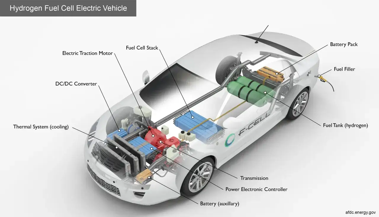 Diagrama de un coche eléctrico de pila de combustible de hidrógeno, mostrando sus componentes como tanques de hidrógeno y pila de combustible.