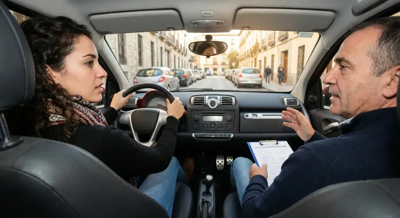Instructor explica las practicas minimas para el carnet de conducir a una alumna al volante en una calle urbana.