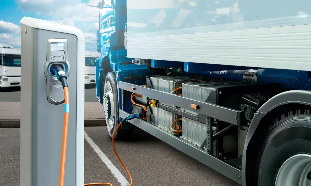Un camión Volvo FE Electric se carga en una estación. Se ven las baterías y el cable de carga conectado.