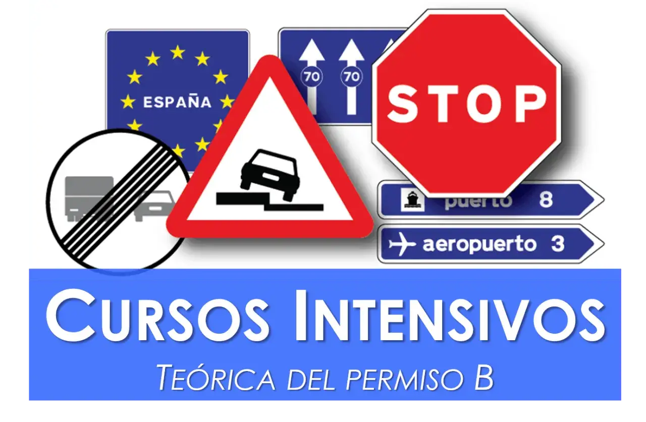 Cursos intensivo teórico coche. Señales de tráfico: España, STOP, puerto, aeropuerto, prohibición camiones, calzada resbaladiza.