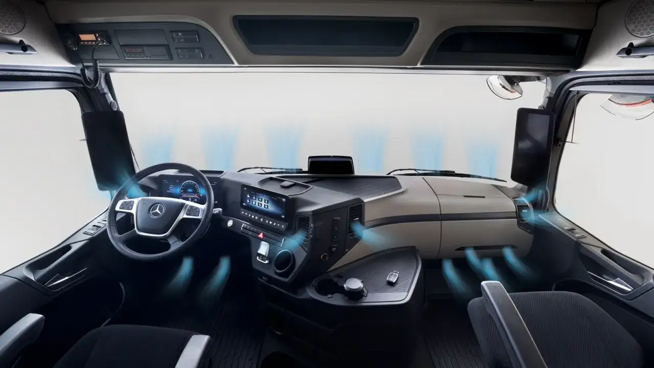 Cabina moderna de un Actros F con flujo de aire fresco visible.