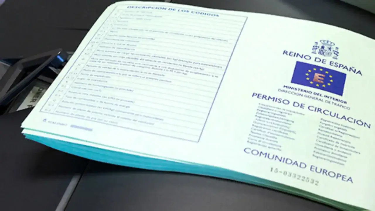 Permiso de circulación español con detalles del vehículo y códigos.
