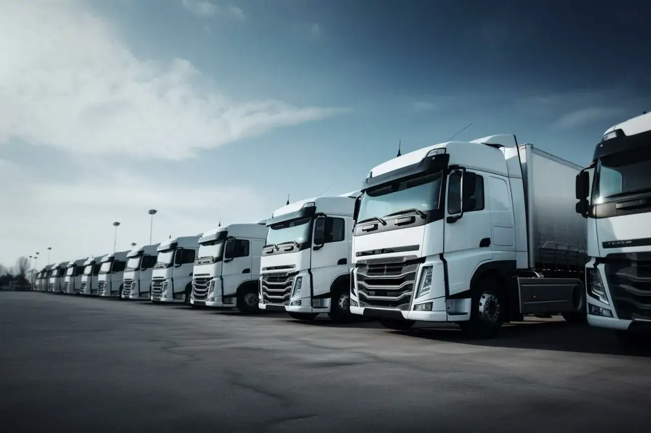 Una flota de camiones blancos alineados bajo un cielo azul. La imagen evoca eficiencia y tecnolog&iacute;a, como en una Michelin Connected Fleet.